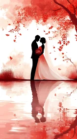Bride Groom Embrace Red Falling Leaves Romance.