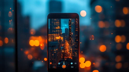 City lights framed through a phone on a dreamy night.
