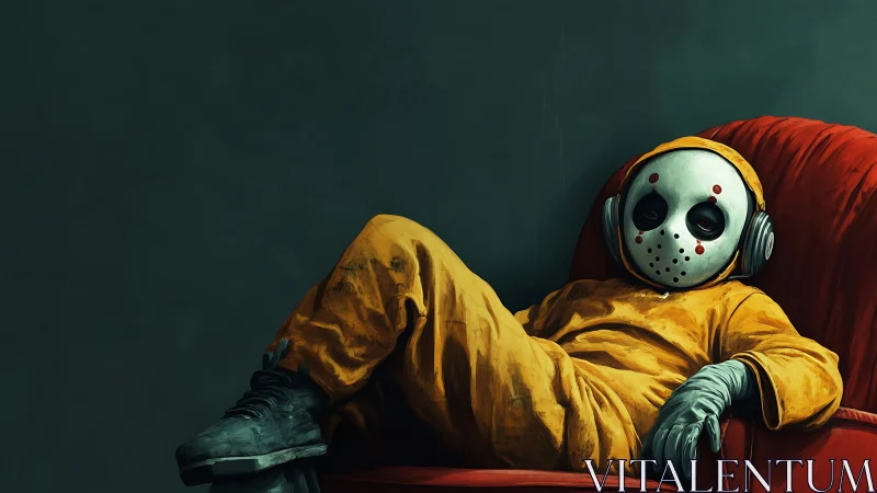 Masked figure in yellow suit reclines in red armchair