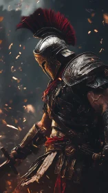 Ember crowned warrior striding through the storm of sparks.