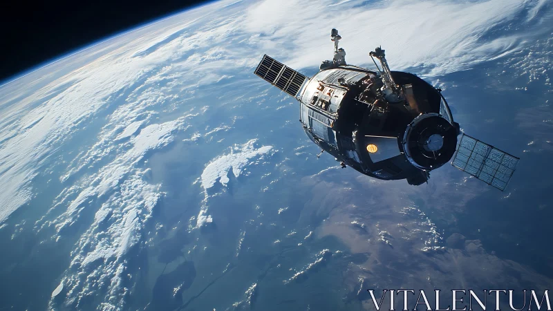 Orbital communications satellite over sunlit cloud-layered Earth.