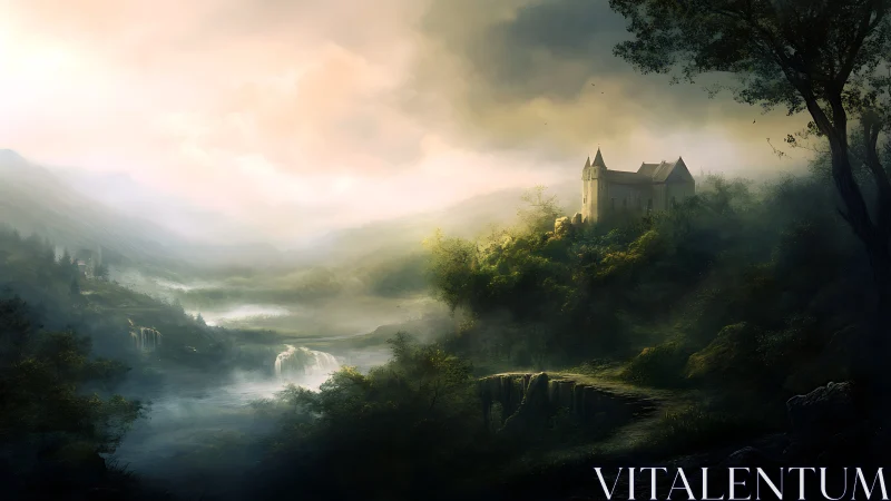 Hilltop stone castle above misted valley and waterfalls.