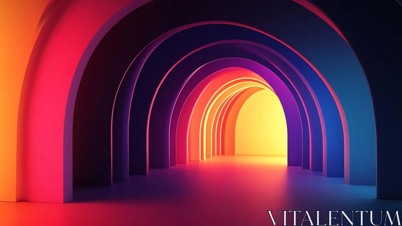 Vibrant neon arches curve toward a glowing golden horizon