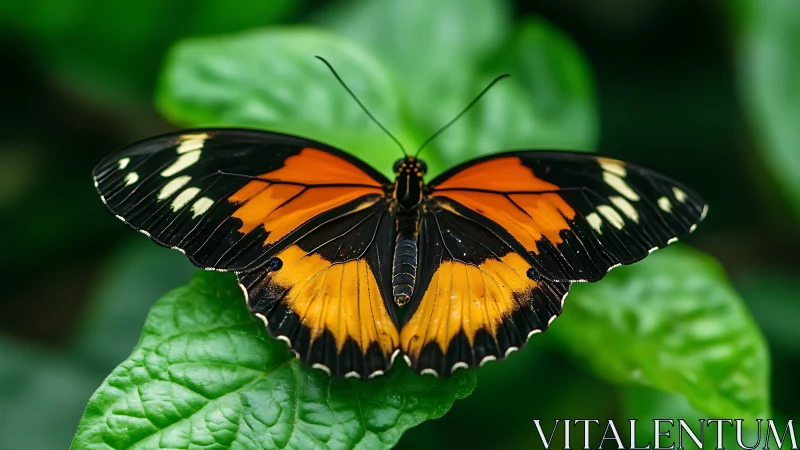 Macro study of black orange heliconius butterfly on foliage