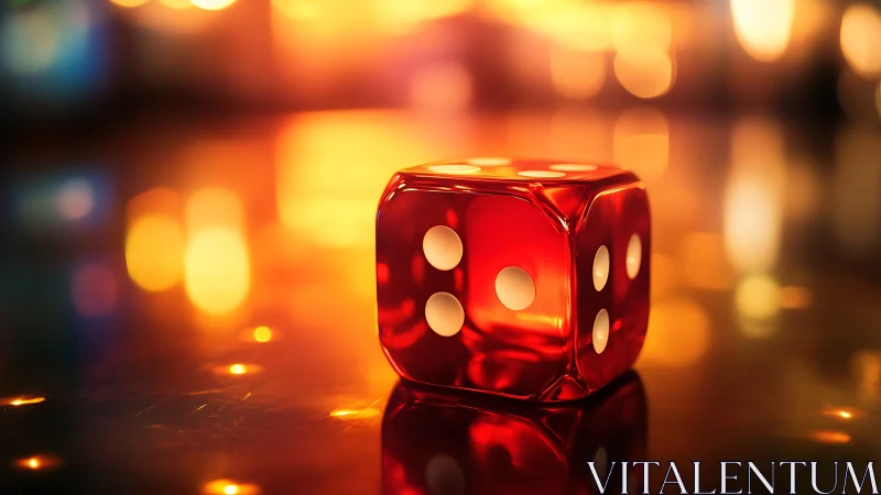 Translucent red casino dice glow amid warm bokeh lights