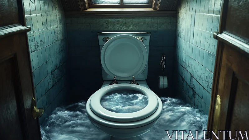 Storm-swirled toilet throne adrift in a tiny tiled sea.
