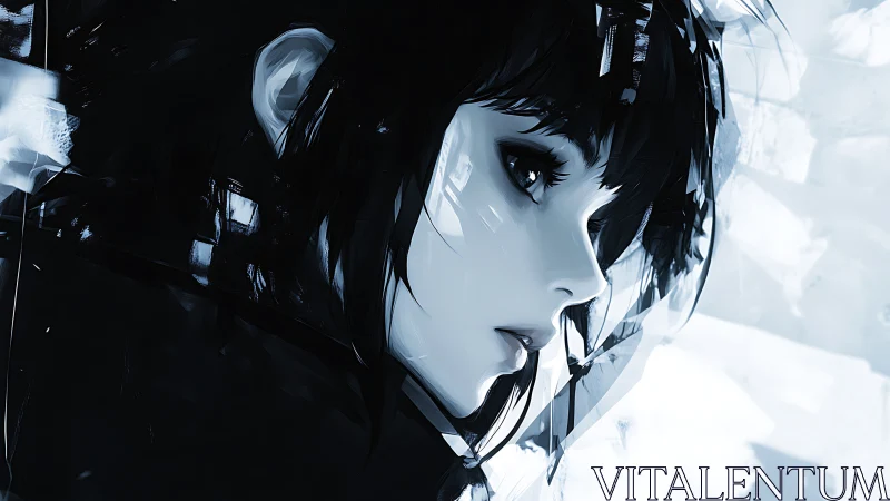 Cyberpunk monochrome profile portrait in digital painting style.