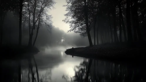 Mist-shrouded forest river at dawn in monochrome stillness.
