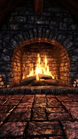 Fireplace with Blazing Logs and Stone Arch.