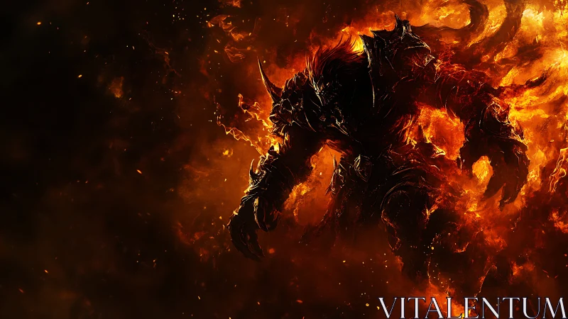 Armored demonic warrior emerges from dense swirling flames