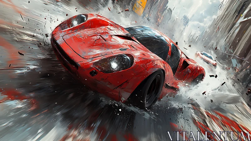 Red street racer carving through a storm of city speed.