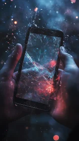 Shattered smartphone glows with electric blue and red light.