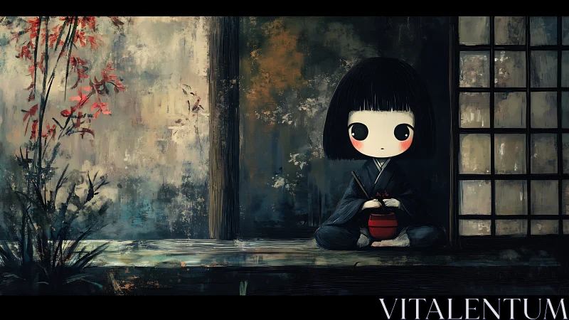 Chibi girl in kimono at weathered Japanese shoji doorway