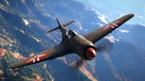 Vintage fighter plane soars above rugged sunlit valleys