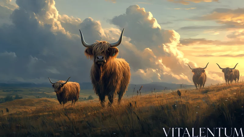 Sunset guardians, shaggy highland cattle beneath wild clouds.