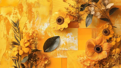 Golden Botanical Collage: Layered Floral Composition with Textural Abstraction.