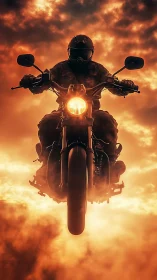 Motorcyclist silhouette soaring through blazing sunset clouds.