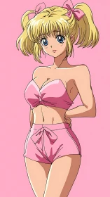 Cheerful anime girl poses confidently in soft pink tones