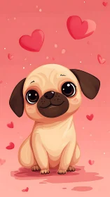 Adorable Pug Surrounded by Hearts on Pink Background.