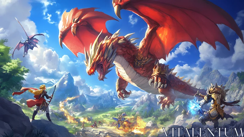 Red dragon attacks armored warriors in bright mountain valley