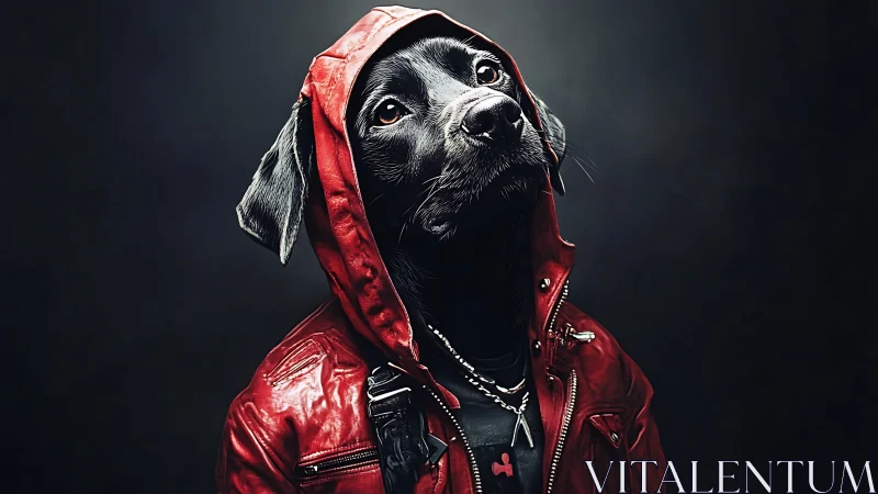 Black dog in red leather hoodie stares into soft studio light