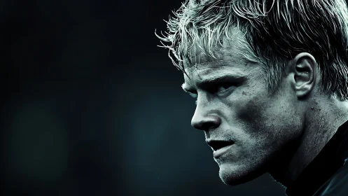 Intense closeup of determined blond man in profile view.