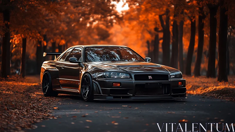 Midnight Nissan GT-R R34 amid blazing autumn avenue.