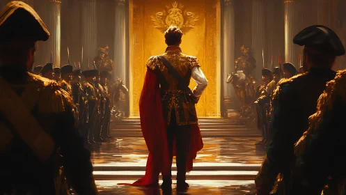 Imperial commander ascending gilded ceremonial hall of power.