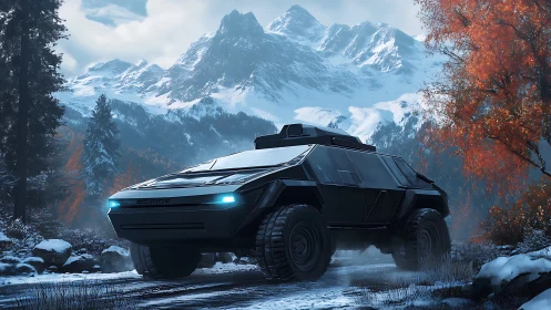 Armored electric rover in snowy alpine forest track, dusk
