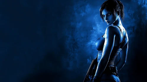 Armed female warrior stands in moody blue side lighting