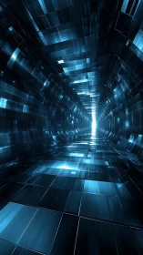 Futuristic teal glass data tunnel with vanishing point glow