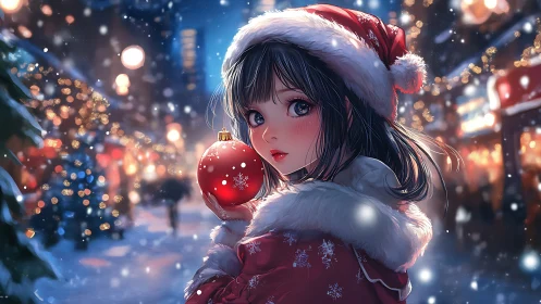 Girl in Santa attire holding ornament on snowy city street.