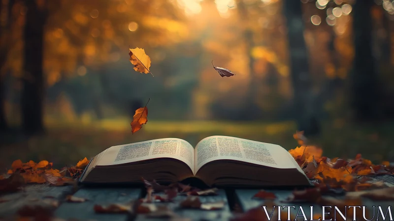 Autumn pages breathe stories as drifting leaves turn quiet