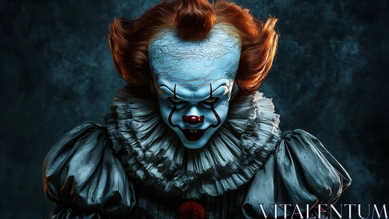 Sinister carnival jester stares through cracked porcelain mask.