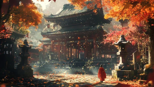 Traditional temple courtyard framed by dense autumn foliage.