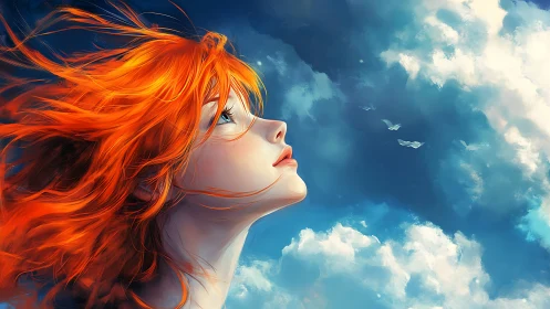 Fiery red haired girl gazes toward radiant summer sky.