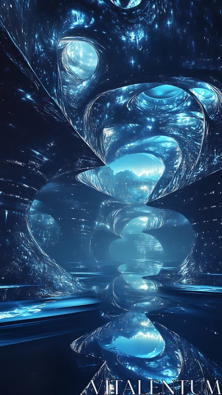 Glimmering blue portal hallway into a dreamy hidden world.