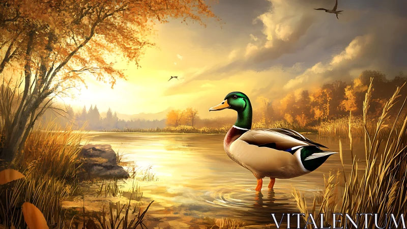 Mallard stands in shallow autumn lake under diffuse sunset