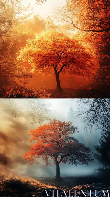 Golden and misty maple tree sharing two moods of dawn.