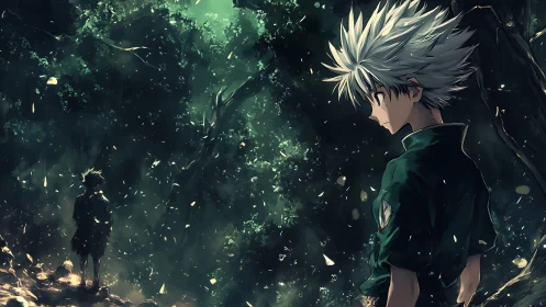 White haired anime boy in luminous forest with distant figure.