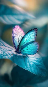 Iridescent blue butterfly resting softly on dreamy leaf.