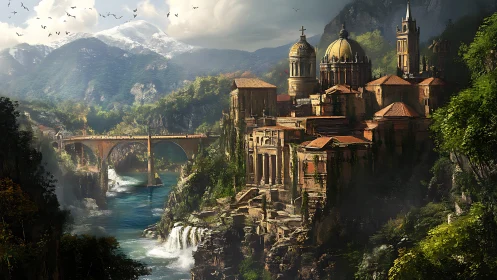 Sunlit cliffside citadel overlooks river gorge and arched bridge