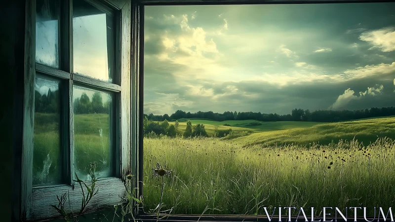 Sunlit meadow stretches beyond an old weathered window frame.
