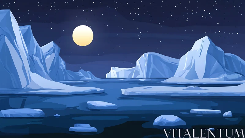 Polar seascape with lunar-lit icebergs and fragmented sea ice
