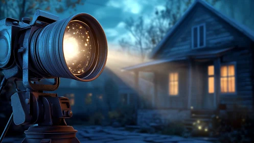 Camera lens casting starlit glow toward a cozy night cabin.