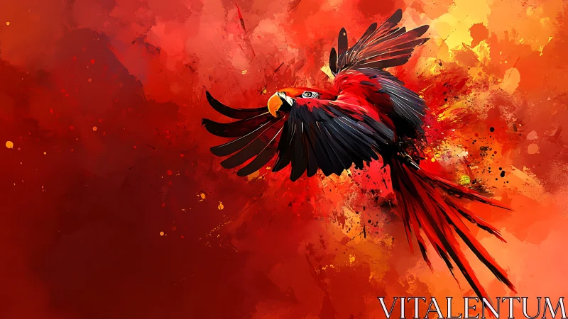 Scarlet parrot in mid-flight against abstract red backdrop.