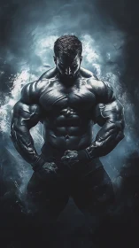 Bodybuilder silhouette ignites power within icy blue storm.