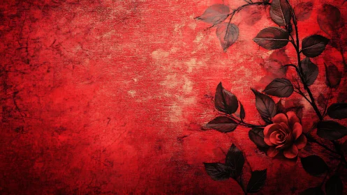 Crimson Rose in Silhouette Against Textured Red Grunge Background