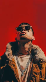 Street portrait under crimson sky with bold urban glow.