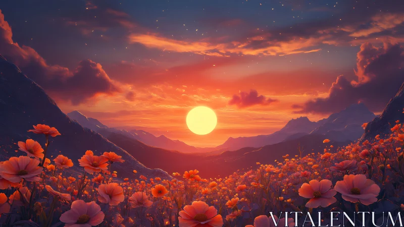 Radiant sunset over dreamlike wildflower mountain valley.
